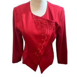 Vintage EJM Red Jacket Blazer‎ Asymmetrical Button Embroidered Size 4P Women